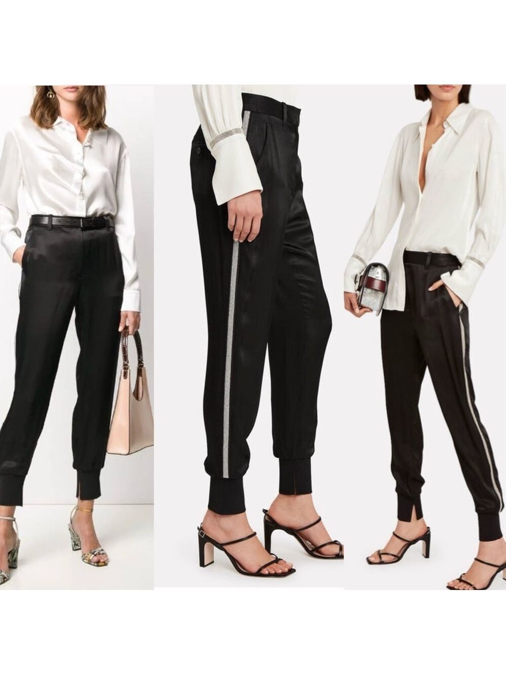 3.1 phillip Lim black silver beaded satin tuxedo stripe joggers Sz 8